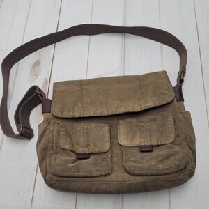 Vintage Fossil green waxed canvas leather tote messenger bag crossbody grunge